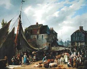 Loading Livestock onto the Passager in the Port of Honfleur by Auguste-Xavier Leprince
