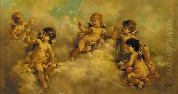 Putti blowing bubbles in the clouds - view 1