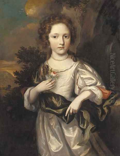 Portrait of a young girl, three-quarter-length, in a white dress with a green shawl, a rose in her right hand, a view to a wooded landscape beyond - view 1