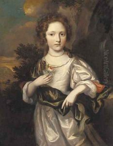 Portrait of a young girl, three-quarter-length, in a white dress with a green shawl, a rose in her right hand, a view to a wooded landscape beyond