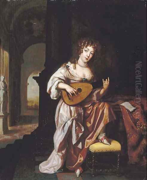 An elegant lady playing the lute, seated by a draped table, a terrace beyond - view 1