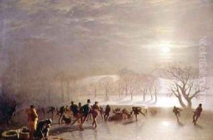 Skaters Duddingston Loch by Moonlight by Charles Lees