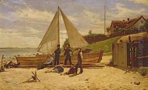 Fisherfolk by a beached sailing vessel by Frederick Christian Lund
