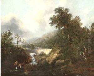 Anglers before a waterfall and bridge by Richard Hume Lancaster