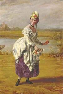 A young girl picking flowers beside a river by John Templeton Lucas