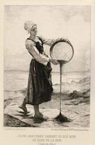 A Young Bretonne Winnowing Buckwheat at the Seaside by Laguillermie, Frederic Auguste