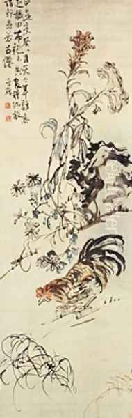 A Chicken Cockscomb and Chrysanthemum handscroll inscribed with a poem - view 1