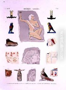 Illustrations of painted reliefs on stone and wooden fragments Hypogees by Lenoir