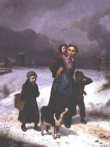 Mother and Children in the Snow by Louis Simon Lassalle