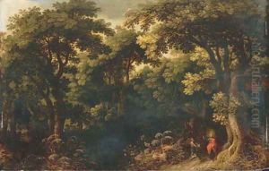 A wooded landscape with Christ tempted by the Devil