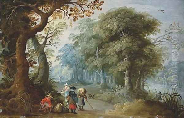A wooded landscape with travellers on a track - view 1