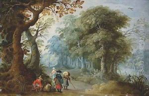 A wooded landscape with travellers on a track by Jasper van der Lanen