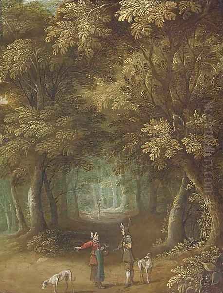 A wooded landscape with travellers on a path - view 1
