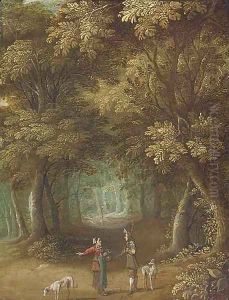A wooded landscape with travellers on a path by Jasper van der Lanen