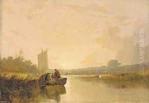 Evening on the river Yare at Whitlingham, with figures in a boat in the foreground, Norwich Castle and Cathedral beyond by Thomas Lound