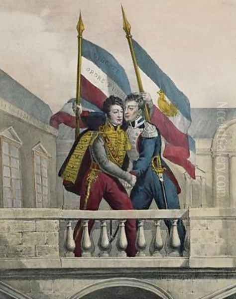 The Duke of Orleans embracing General La Fayette and raising the national colours on the terrace of the Palais Royal - view 1
