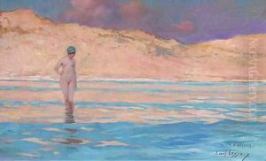 A young beauty paddling by the dunes, The Ile d' Oleron by Ernest Louis Lessieux