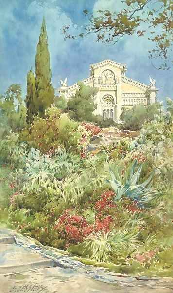 Exotic blooms by the church steps - view 1