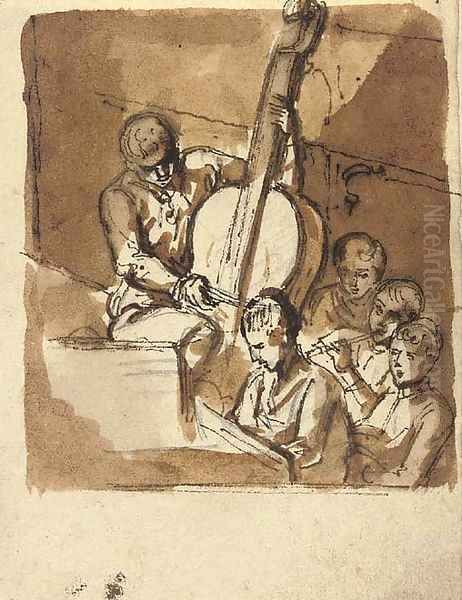 Musicians playing the double bass, flute and keyboard, and singing - view 1