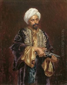 Kniestuck Eines In Reich
Verzierte Orientalische Kleidung Gewandeten Mannes Mit Weisem Turban,
Seine Pistole Haltend. by Rudolph Ernst