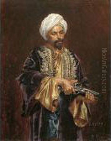 Kniestuck Eines In Reich 
Verzierte Orientalische Kleidunggewandeten Mannes Mit Weisem Turban, 
Seine Pistole Haltend - view 1