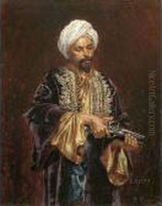 Kniestuck Eines In Reich 
Verzierte Orientalische Kleidunggewandeten Mannes Mit Weisem Turban, 
Seine Pistole Haltend