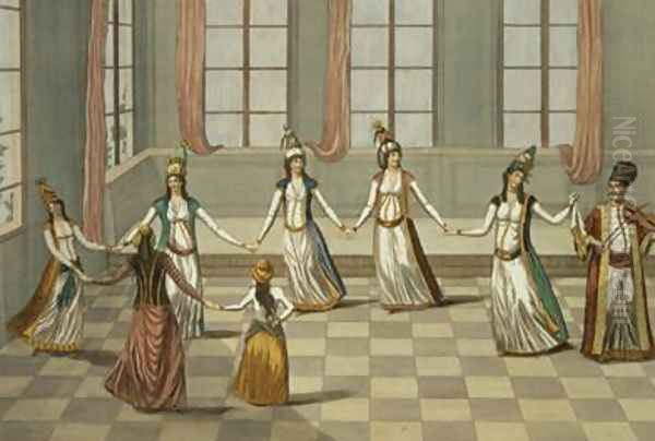 Dance that is fashionable with the Greek women of Constantinople led by the woman holding a handkerchief - view 1