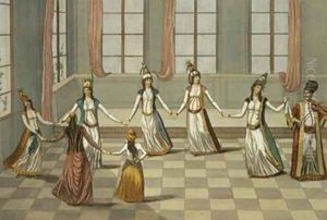 Dance that is fashionable with the Greek women of Constantinople led by the woman holding a handkerchief