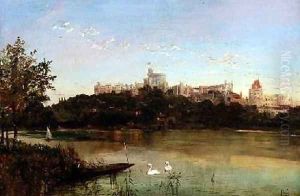 Figures in a Punt and Swans on the Thames with Windsor Castle in the background