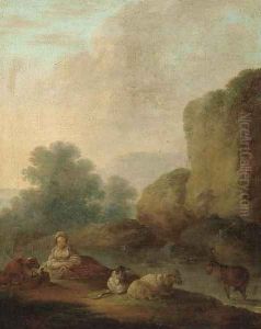 A river landscape with a shepherdess resting with her flock by (attr.to) Loutherbourg, Philip James de