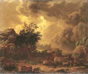 A stormy landscape with a herdsman on a rocky path