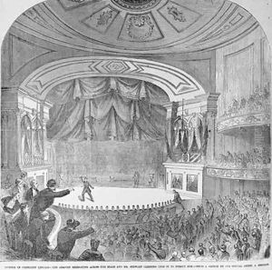 The assassination of Abraham Lincoln 1809-65 in the box at Fords Theatre by Frank Leslie