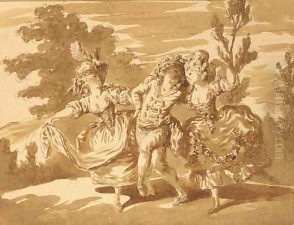 Two women dancing with a comedian in a landscape - view 1