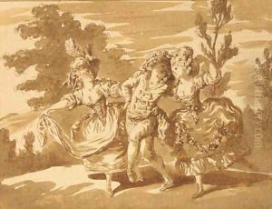 Two women dancing with a comedian in a landscape
