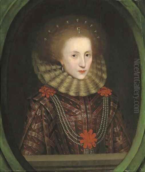 Portrait of a lady, half-length, in a brown and red embroidered dress with red rosettes and pearls and a lace ruff, feigned oval - view 1