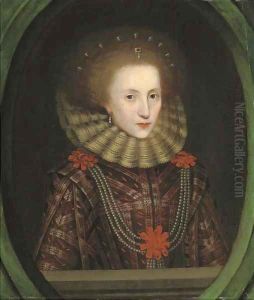 Portrait of a lady, half-length, in a brown and red embroidered dress with red rosettes and pearls and a lace ruff, feigned oval