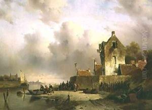 An estuary with fisherfolk by a quay