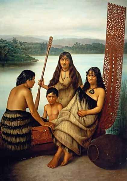Three Maori girls and a boy sitting on a large carved Maori canoe by a lake 1899 - view 1