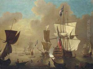 A first rate man-o'war, firing a salute from her position within an offshore anchorage by Thomas Leemans
