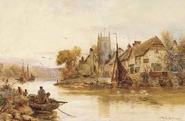 Moored fishing vessels before a village at sunset - view 1