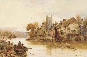 Moored fishing vessels before a village at sunset by Walker Stuart Lloyd