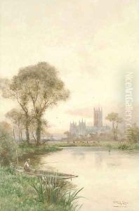 An angler fishing on the Stour before Canterbury Cathedral by Walker Stuart Lloyd