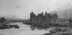 Fishing Vessels moored before Caenarfon Castle, Wales by Walker Stuart Lloyd