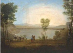 A classical landscape with a shepherd and shepherdess by a lake