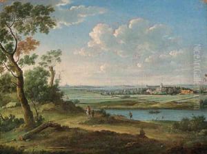 An extensive river landscape with a horseman on a path, a church and town beyond by Hendrik Frans van Lint (Studio Lo)