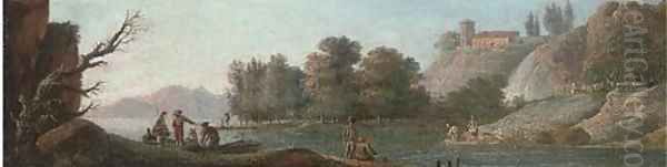 A river landscape with fishermen and washerwomen - view 1