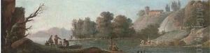 A river landscape with fishermen and washerwomen by Hendrik Frans van Lint (Studio Lo)