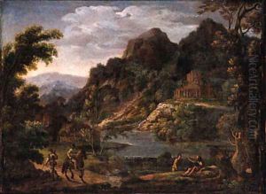 Sportsmen on a track near a waterfall, a castle beyond, in an Italianate landscape by Hendrik Frans van Lint (Studio Lo)