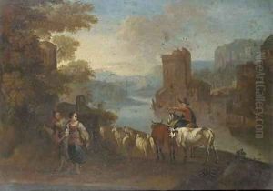 An Italianate river landscape with shepherdesses and a herdsmen, a town beyond by Hendrik Frans van Lint (Studio Lo)