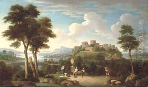 An Italiante landscape with elegant figures by a sculpted urn and a lady crossing a bridge with classical buildings beyond